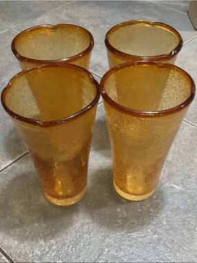 Rare Vintage Mid Century Hand Blown Amber Rim Bubble Glass Tumblers set of 4